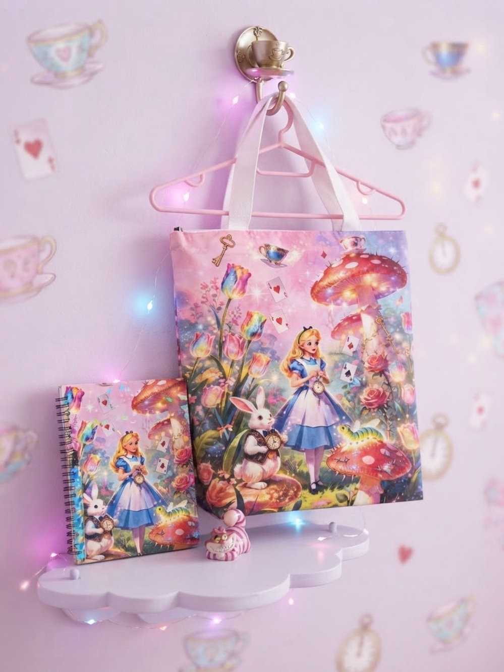 Kids Magical Alice-Inspired Pink Tote Bag and Notebook Set & pen
